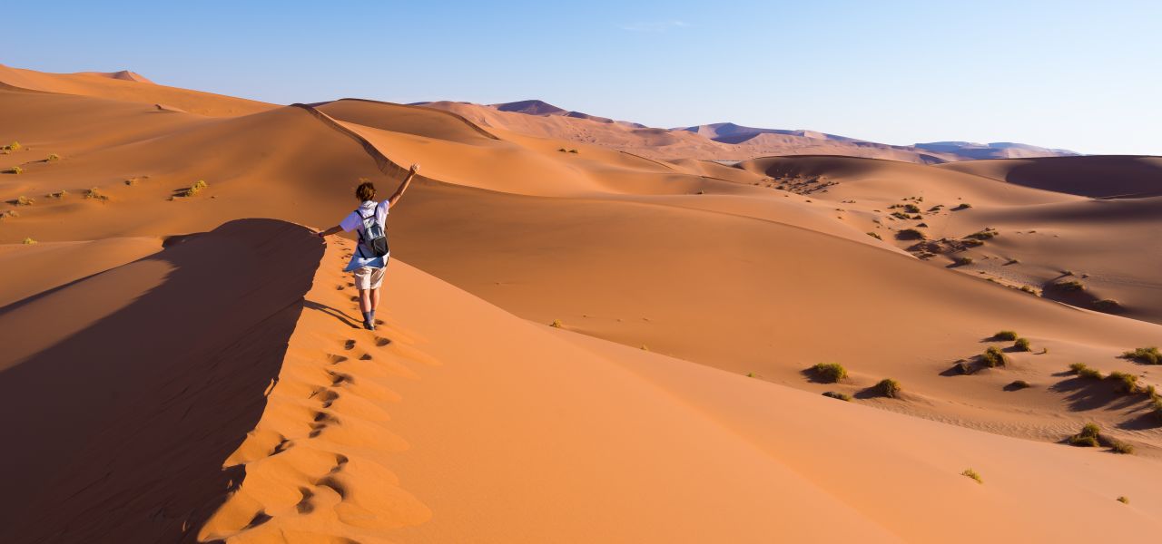 Tourist walking on the scenic dunes of Sossusvlei, Namib desert, Namib Naukluft National Park, Namibia.