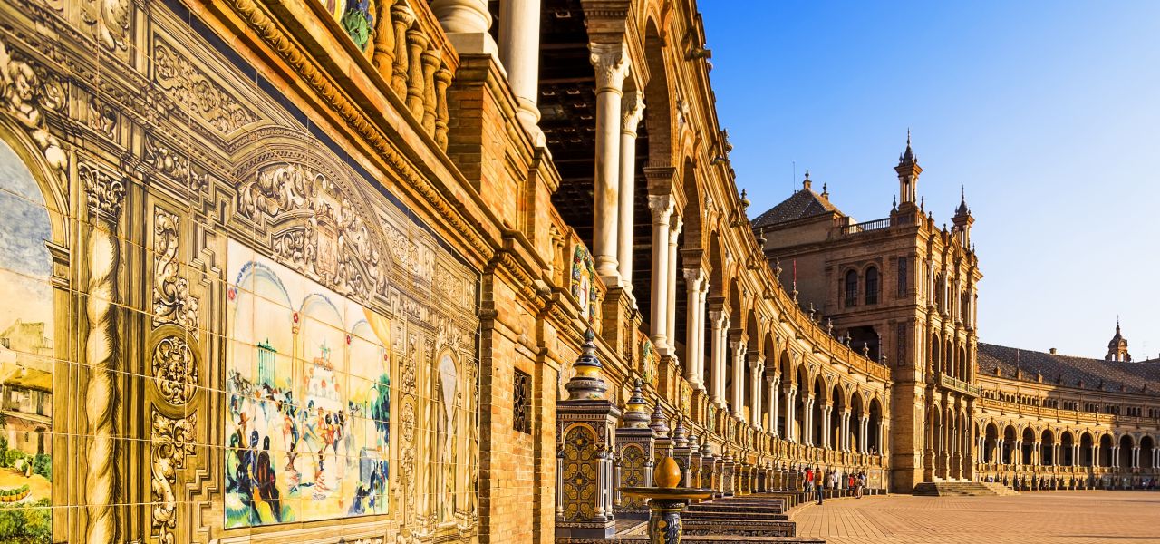 Spanish Square (Plaza de Espana) in Sevilla at sunset, Andalusia, Spain