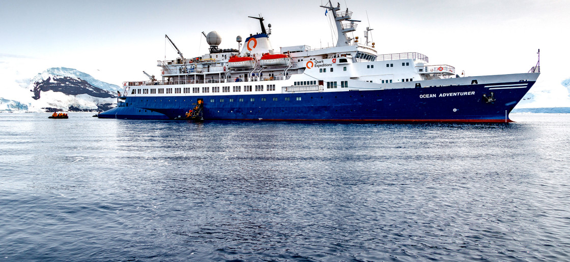 Guests board their zodiac boats from the starboard (right) side of the expedition ship Ocean Adventurer.
