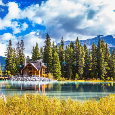 Bridge over Emerald Lake. Camping and coniferous forest. Yoho National Park, Canada