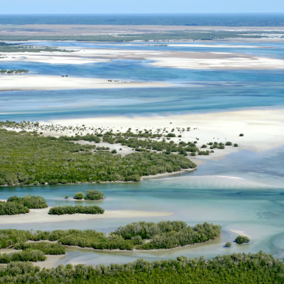 Aerial view of shallow coastal waters and forests of the tropical coast of Mozambique, southern Africa