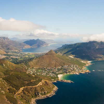 Aerial shot of Table Mountains and Indian Ocean in Cape Town, South Africa