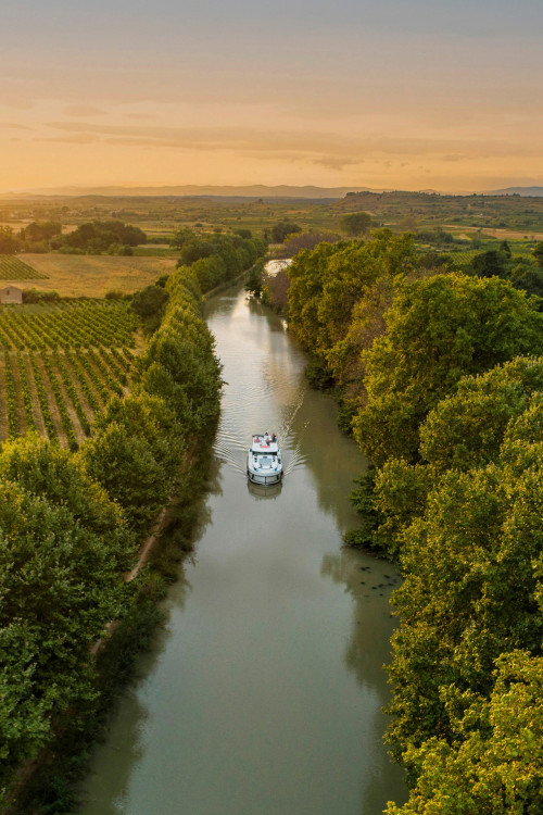 A lone canal boat sails into the golden sunset on the Canal du Midi, cutting through vineyards and rural countryside for a picture-perfect moment on a French boating holiday.