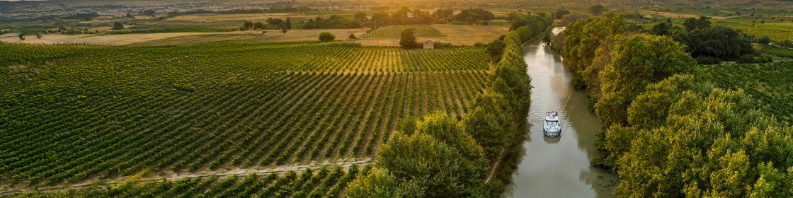 A lone canal boat sails into the golden sunset on the Canal du Midi, cutting through vineyards and rural countryside for a picture-perfect moment on a French boating holiday.