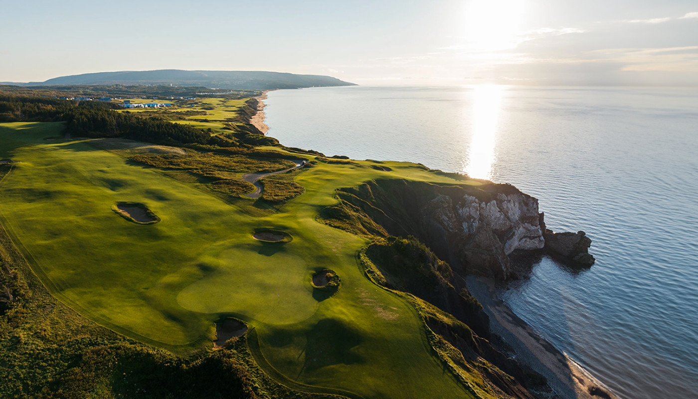 An overhead view of the Cabot Cliffs Course at Cabot Cape Breton overlooking the Gulf of St Lawrence in Inverness, Nova Scotia.