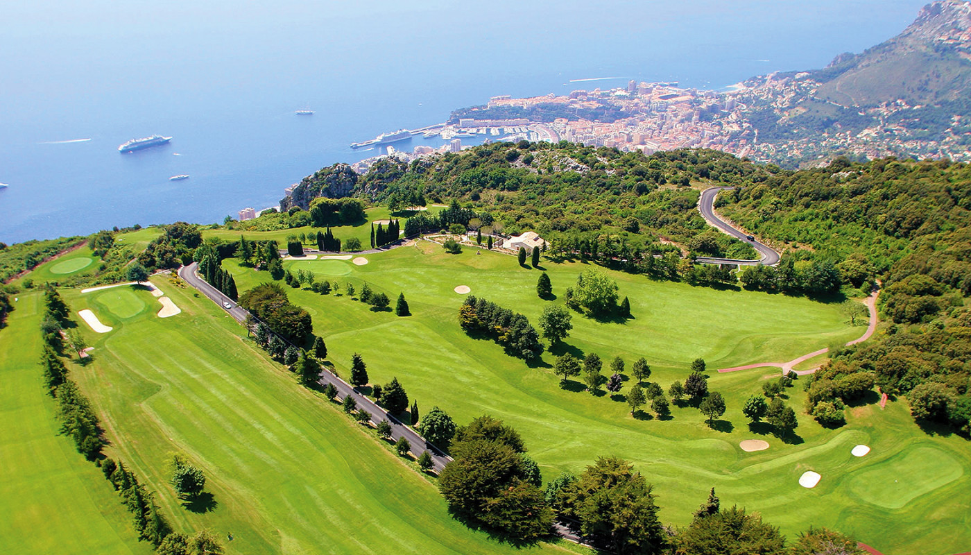 An aerial view of fairways at Monte Carlo Golf Club along the coast of the Riviera, just outside of Monte Carlo, Monaco.