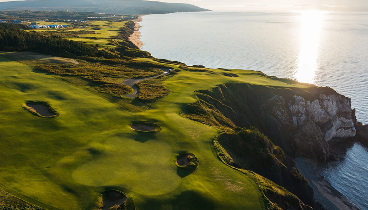 An overhead view of the Cabot Cliffs Course at Cabot Cape Breton overlooking the Gulf of St Lawrence in Inverness, Nova Scotia.