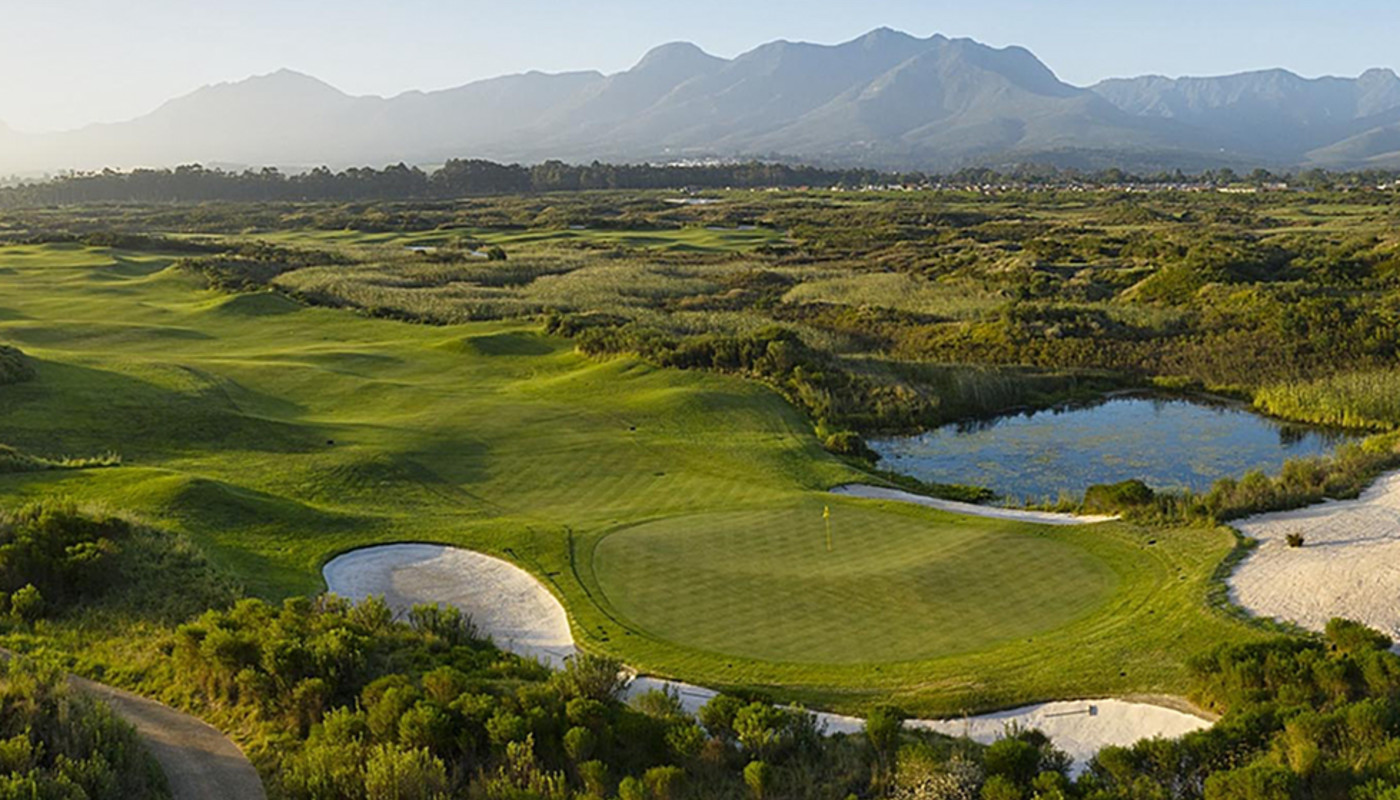 An overhead view of the rugged fairways, dunes, and lakes on the Links course at Fancourt in George, South Africa.