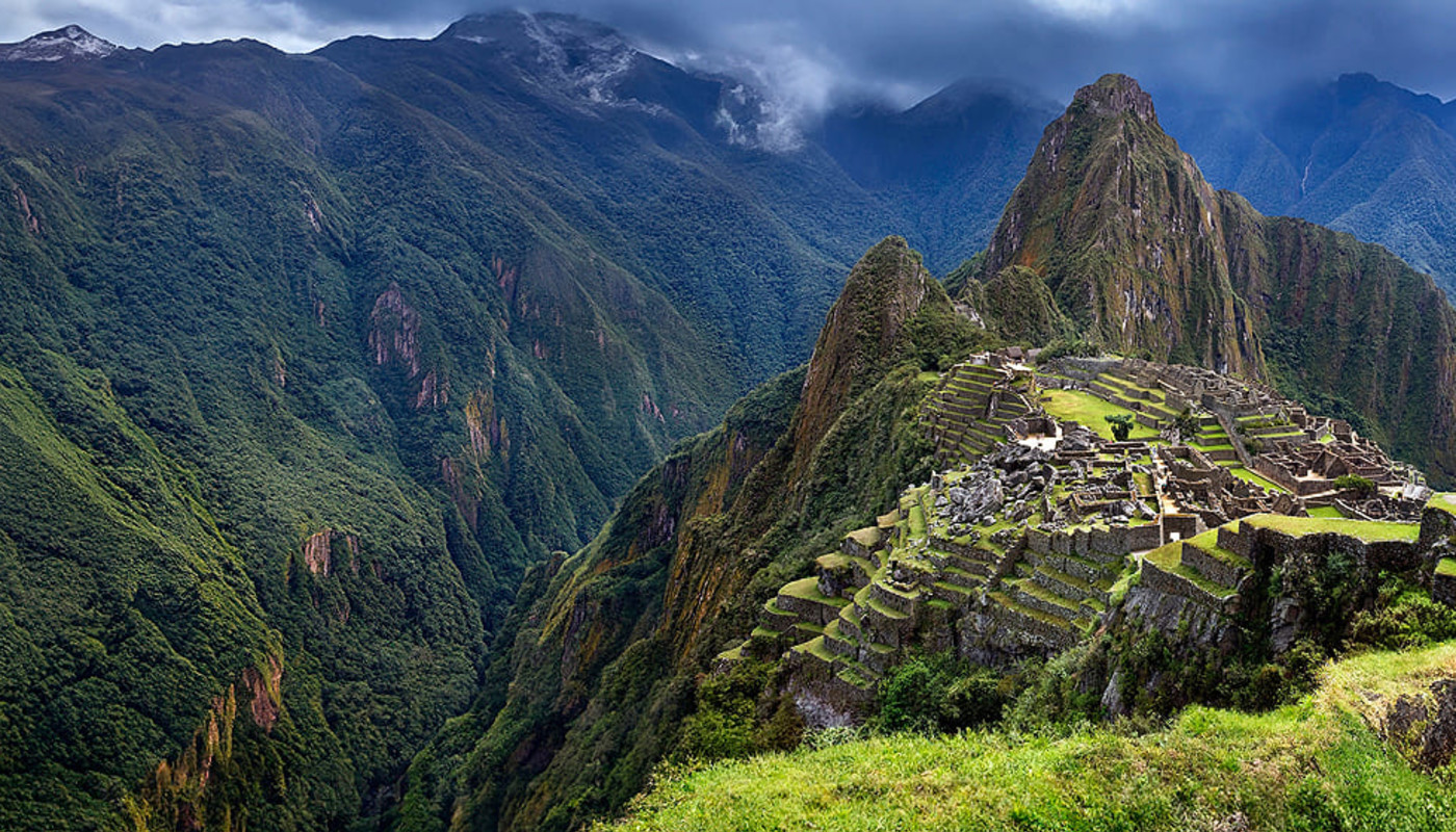 An overhead view of Machu Picchu, high in the Andes Mountains in Peru.