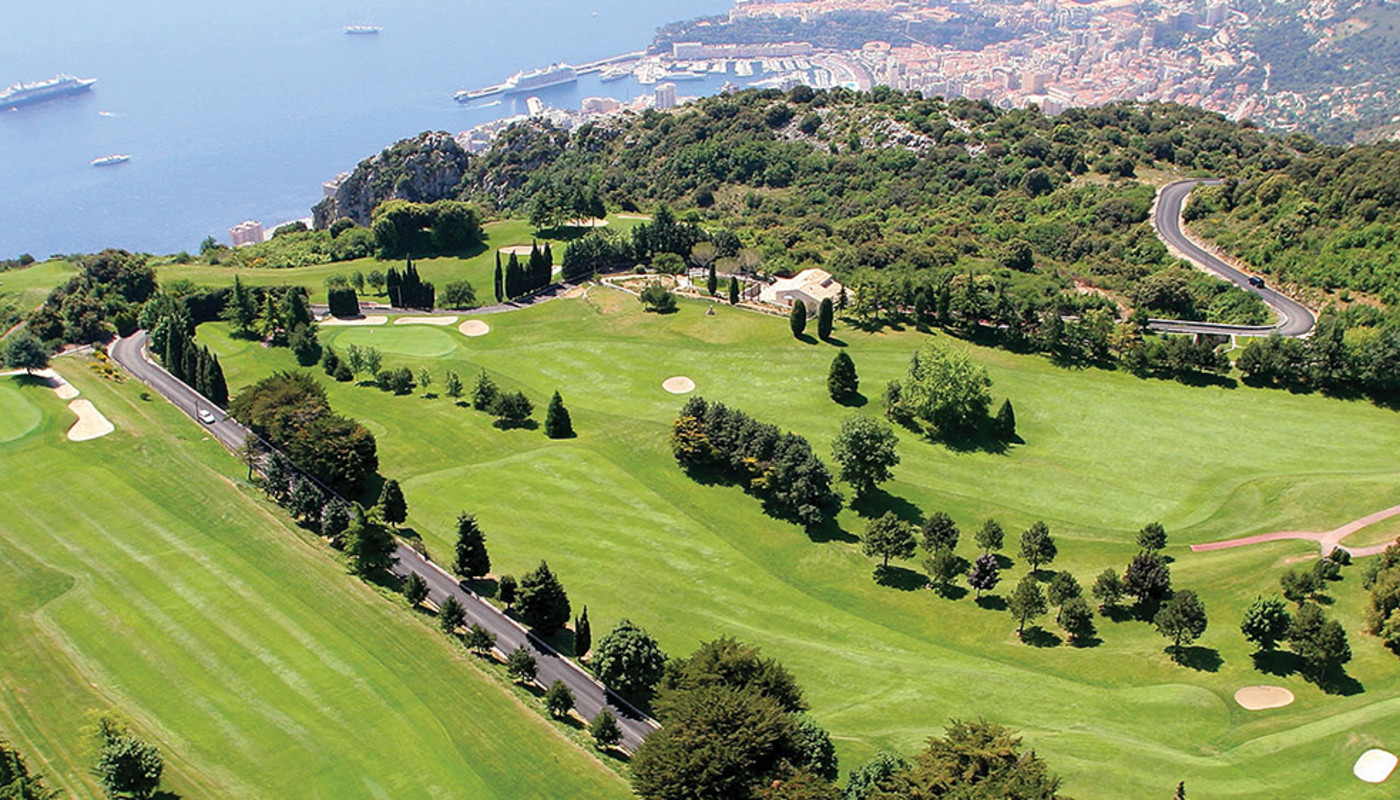 An aerial view of fairways at Monte Carlo Golf Club along the coast of the Riviera just outside of Monte Carlo, Monaco.