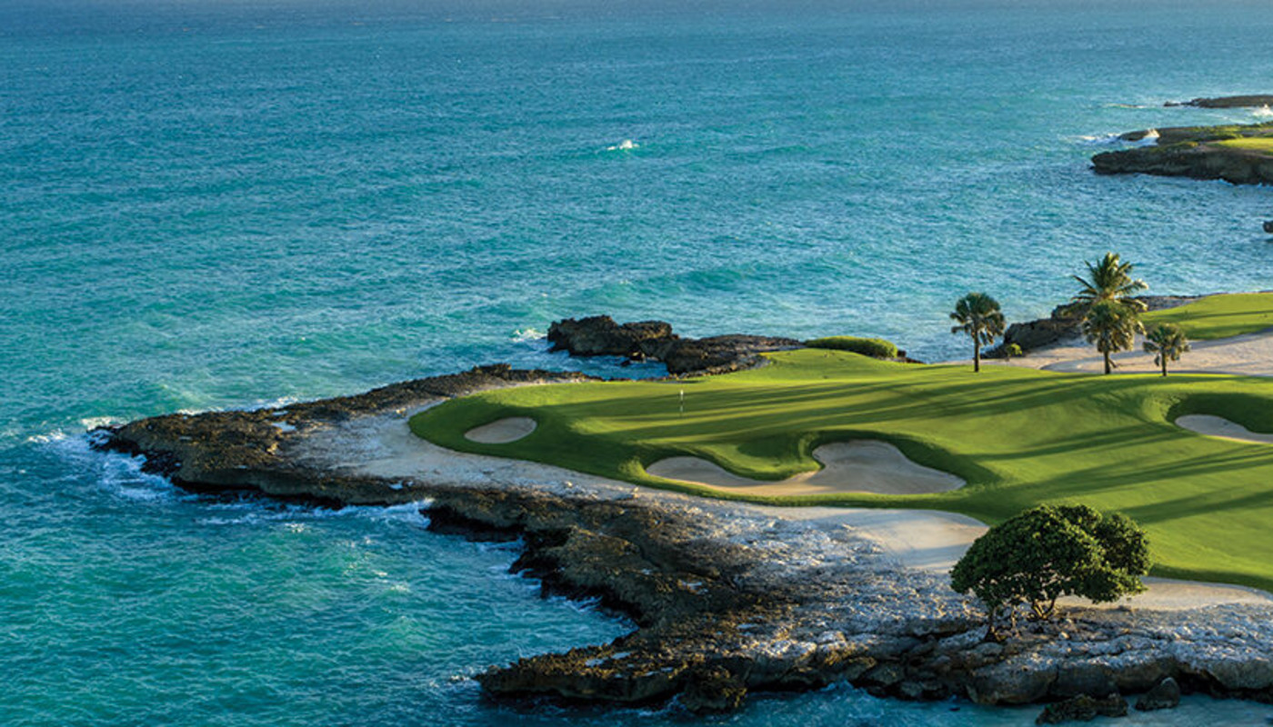 An overhead view of a green along the coast of the Caribbean Sea at Punta Espada Golf Club in Punta Cana, Dominican Republic.