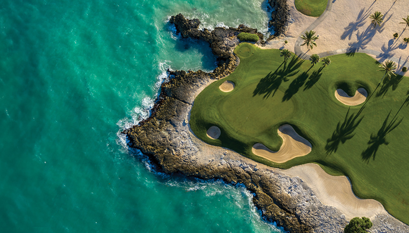 A bird's eye view of the 12th green along the coast of the Caribbean Sea at Punta Espada Golf Club in Punta Cana, Dominican Republic.