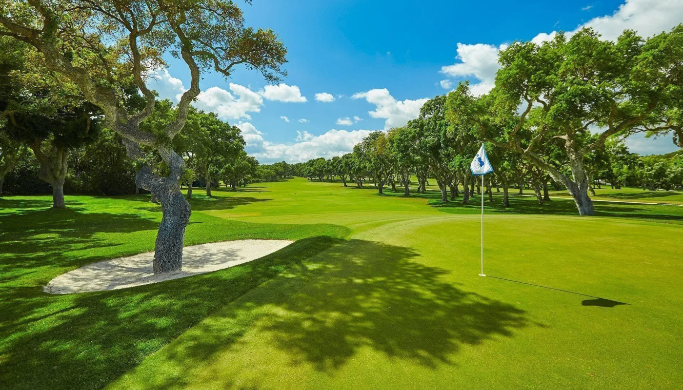 The 9th green, next to a bunker with a tree in the center, at Real Club Valderrama under blue sky in Sotogrande, Spain.