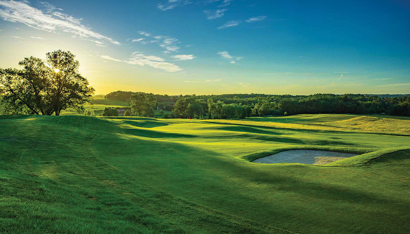 A view of the 18th green under late afternoon sun at Grand Saint-Emilionnais Golf Club, just outside of Bordeaux, France.