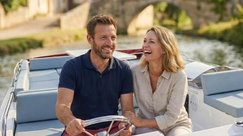 Una coppia che ride mentre naviga su una barca fluviale, godendosi una vacanza in barca rilassante e romantica nella campagna.