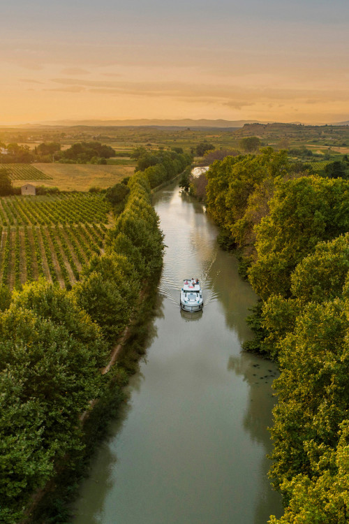 Un barco navega hacia una puesta de sol dorada en el Canal du Midi, atravesando viñedos y paisajes rurales para un momento perfecto de vacaciones fluviales en Francia.