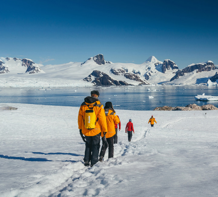 Guests in yellow parkas follow the marked trail at Petermann Island during a sunny day in the Antarctic Peninsula.