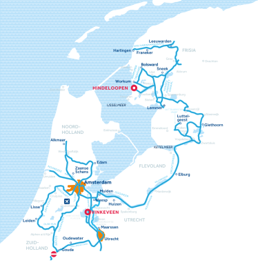 Kaart van de vaarregio: Midden-Nederland, Amsterdam en Friesland
