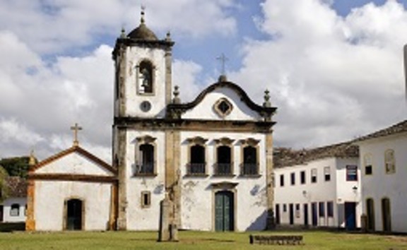 Streets and church of historical center in Paraty, Rio de Janeiro, Brazil, South America