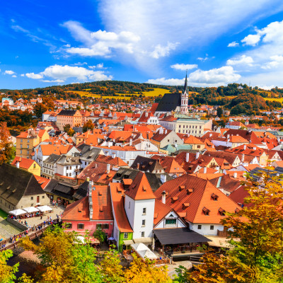 Autumn view with red foliage on the Cesky Krumlov, Czech Republic. UNESCO World Heritage Site