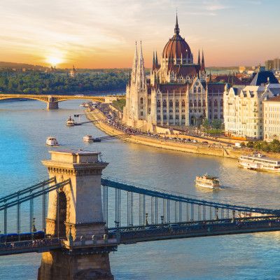 Beautiful view of the Hungarian Parliament and the chain bridge in Budapest, Hungary