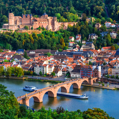 Landmarks and beautiful towns of Germany - medieval Heidelberg . view with famous Carl Theodor bridge and castle