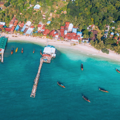 Cambodia aerial view of Koh Rong island , village on the beach nearby ocean, Asia