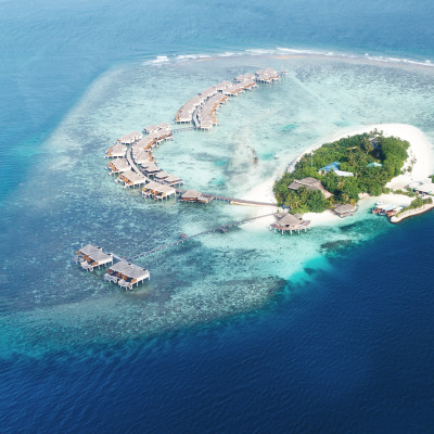 Group of atolls and islands in Maldives from aerial view, Asia