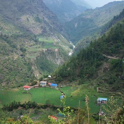 Green mountain landscape. Surke village and Dudh Koshi valley near Lukla, Solukhumbu, Everest Region, Nepal, Asia