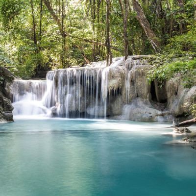 Waterfall and blue emerald water color in Erawan National Park, Kanchanaburi Province, Thailand