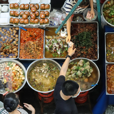 Top view of a Thai street food, market in Bangkok, Thailand