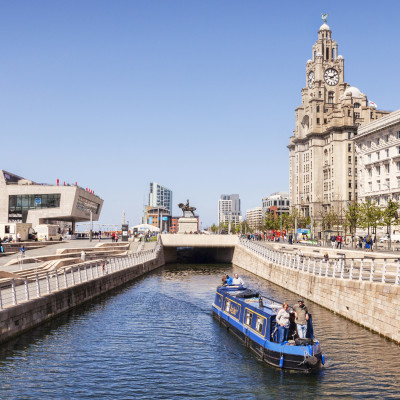 A narrowboat passing through the Liverpool Canal Link, Liverpool, England, UK, Europe