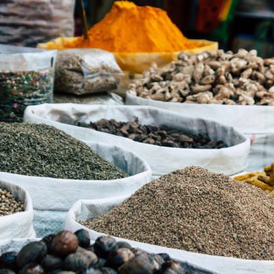 Traditional Indian spices sold in a shop located in main road of Gokarna Karnataka India