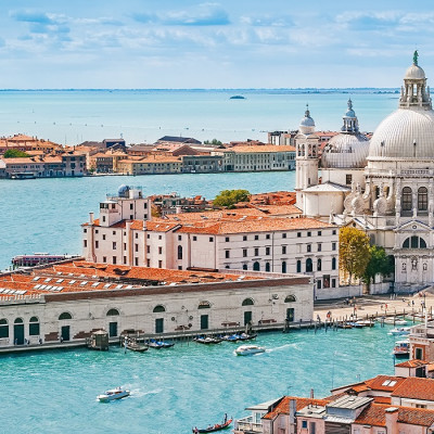 Enchanting Travels Italy Tours Panoramic aerial cityscape of Venice with Santa Maria della Salute church, Veneto, Italy