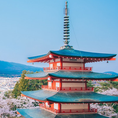 Enchanting Travels Japan Tours Red Pagoda with Mt Fuji on the background