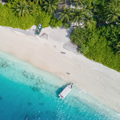 Beautiful aerial view of Maldives jetty and tropical beach with palms and white sand