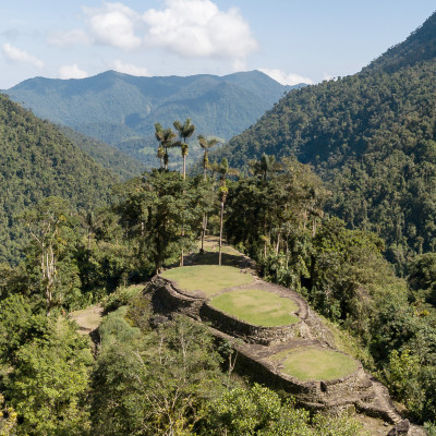 Aerial view of the archeological site in Colombia, named Lost City, Ciudad Perdida, surrounded by the Sierra Nevada mountains