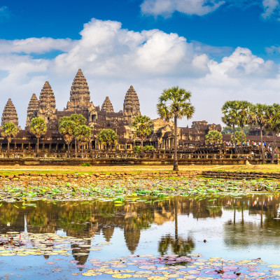 Panorama of Angkor Wat temple in Siem Reap, Cambodia in a summer day