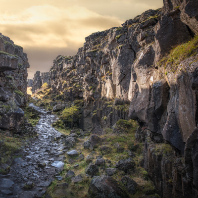Stone pathway near the continental divide at Thingvellir Iceland
