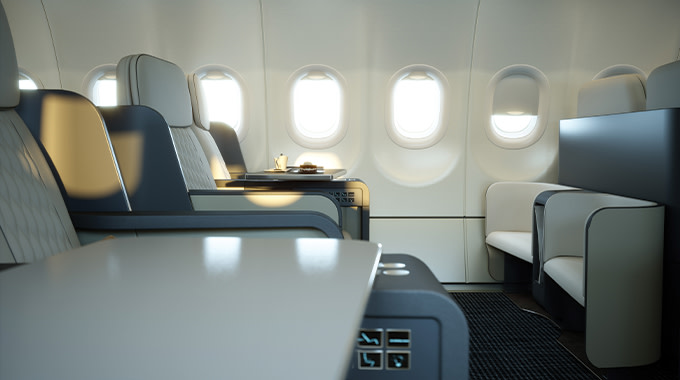 interior of luxury plane, focus on seats