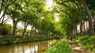 Canal bordeado de árboles con sendero y barcos en el corazón de Aquitania.