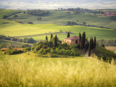 Tuscany-rural-landscape-Countryside-farm-cypresses-trees-green-field-Italy-Europe