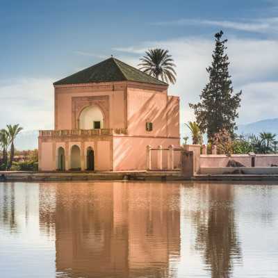 Menara gardens reflecting pool and pavilion, Marrakech, Morocco, Africa