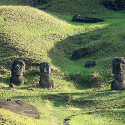 Hundreds of abandoned Moai statue on Rano Raraku volcano, Easter Island, Archaeological UNESCO World Heritage site of Chile, South America