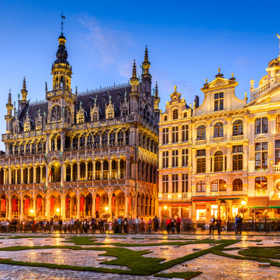 Brussels, Belgium. Wide angle night scene of the Grand Place and Maison du Roi, one of Europe finest historic squares and a must-see sight of Bruxelles.