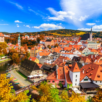 Autumn view with red foliage on the Cesky Krumlov, Czech Republic. UNESCO World Heritage Site