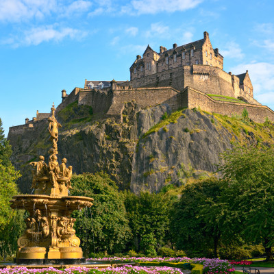 Edinburgh Castle, Scotland, from Princes Street Gardens, with the Ross Fountain in the foreground