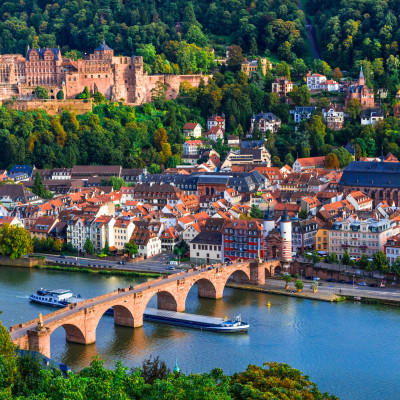 Landmarks and beautiful towns of Germany - medieval Heidelberg . view with famous Carl Theodor bridge and castle