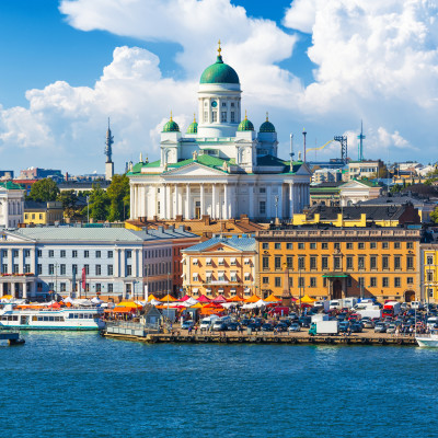 Scenic summer panorama of the Market Square (Kauppatori) at the Old Town pier in Helsinki, Finland,