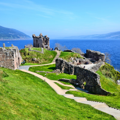 Ruins of Urquhart Castle along Loch Ness, Scotland United Kingdom UK